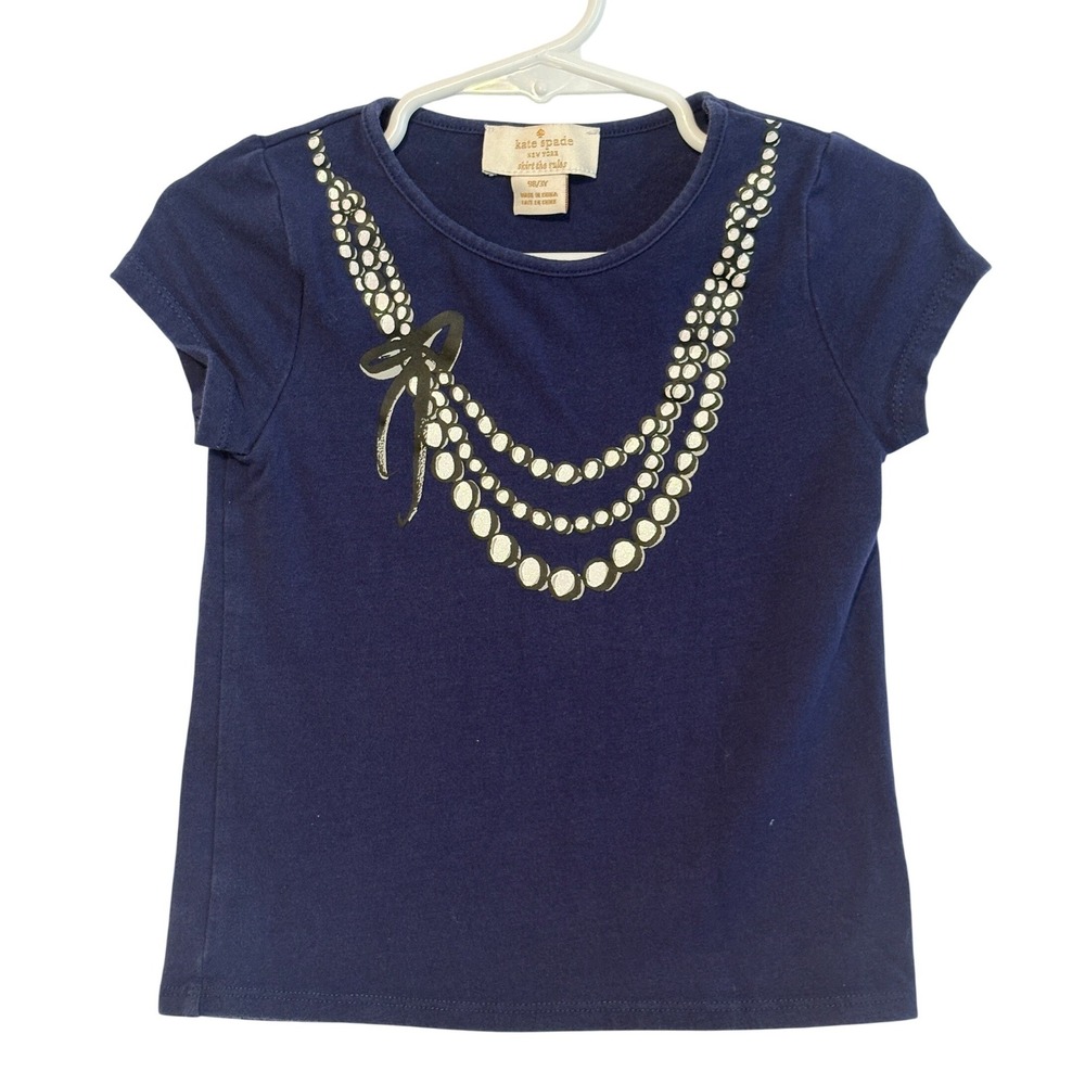 Kate Spade New York Girls Navy Blue Pearl Necklace Graphic T-Shirt Size 3Y